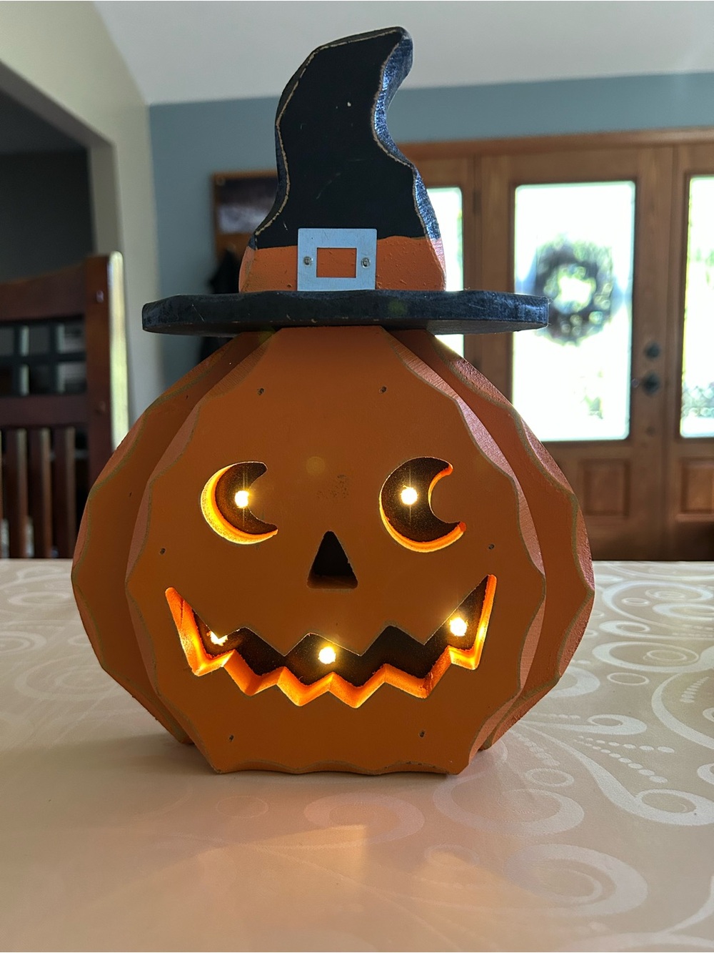Lighted Halloween Wooden Pumpkin Witch Decor, Orange & Black